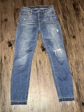 GAP True Skinny Medium Blue Distressed Slim Jeans with Raw Hem